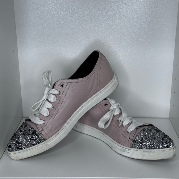 Boemos pinkish Tan Leather lace up Flats with glitter toe Size 39 Made in Italy - Picture 3 of 4